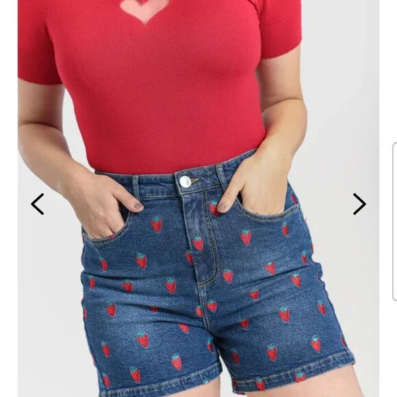 Hell Bunny Strawberry Denim Shorts Size M - Picture 3 of 6